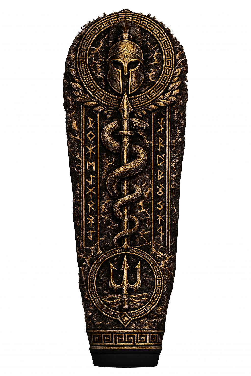 Medusa Volume I left sleeve artwork with helmet, spear, serpent, and trident